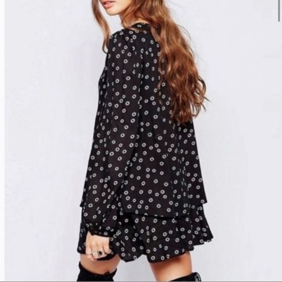 Free People Ny Printed Beck Mini Dress Womens Small Petite Black Floral - Picture 2 of 12